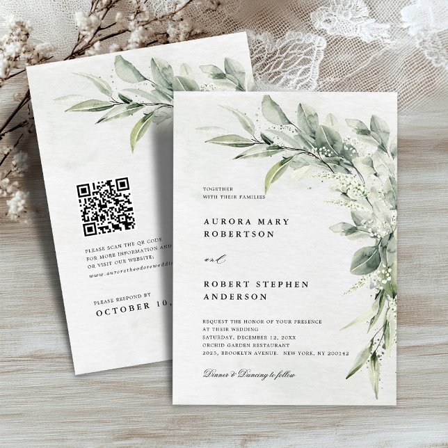 Sage Green Eucalyptus Minimalist QR code Wedding Invitation (Sage Green Eucalyptus Minimalist QR code Wedding Invitation)