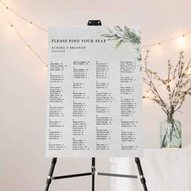 Sage Green Eucalyptus Minimalist Seating Chart Foam Board (In Situ (Stand))