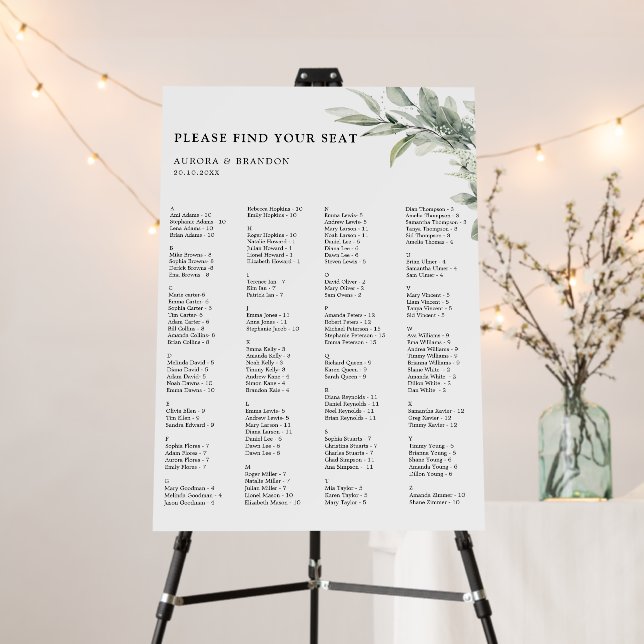 Sage Green Eucalyptus Minimalist Seating Chart Foam Board (In Situ (Stand))