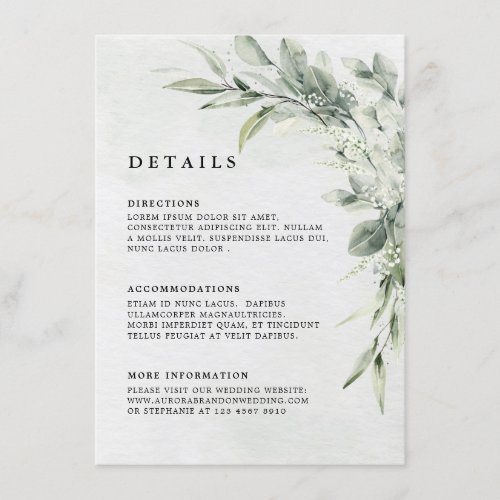 Sage Green Eucalyptus Minimalist Wedding Details Enclosure Card