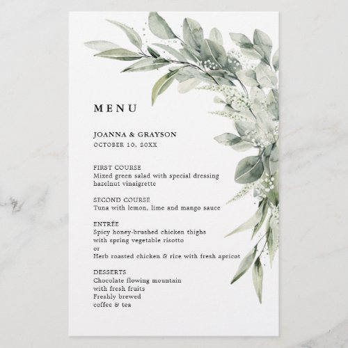 Sage Green Eucalyptus Minimalist Wedding Menu