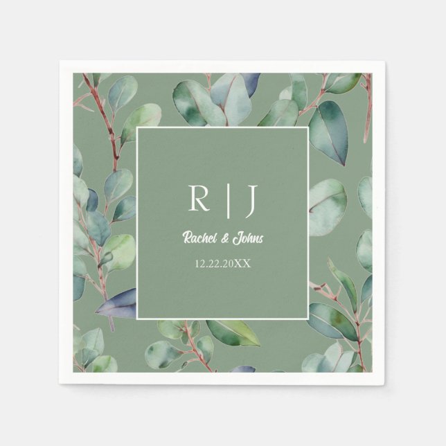 Sage Green Eucalyptus Monogram Greenery Wedding Napkins (Front)