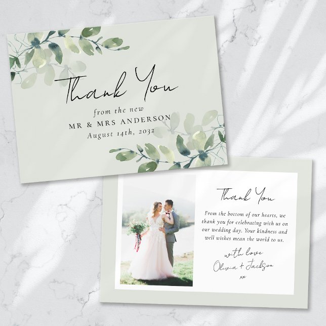 Sage Green Eucalyptus Photo Wedding Thank You Card (Creator Uploaded)