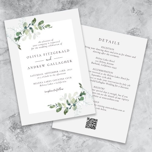 Sage Green Eucalyptus QR Code All in One Wedding Invitation
