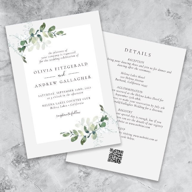 Sage Green Eucalyptus QR Code All in One Wedding Invitation (Creator Uploaded)