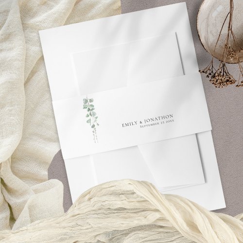 Sage Green Eucalyptus Script Names Wedding  Invitation Belly Band