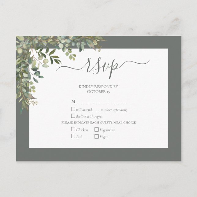 Sage Green Eucalyptus Script Wedding RSVP  Invitation Postcard (Front)