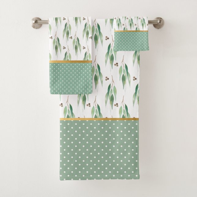 SAGE GREEN EUCALYPTUS SPOT GOLD BATHROOM TOWEL SET (Insitu)