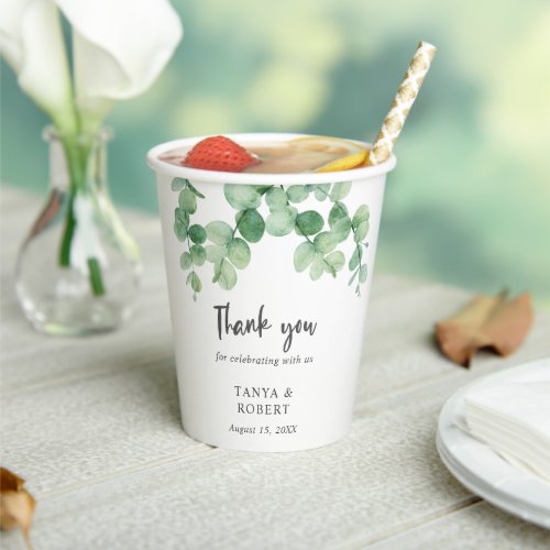 Sage Green Eucalyptus Thank you Elegant Lettering  Paper Cups