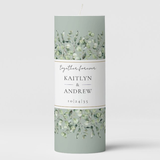 Sage Green Eucalyptus Together Forever Wedding Pillar Candle (Front)