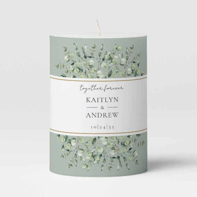 Sage Green Eucalyptus Together Forever Wedding Pillar Candle (Front)