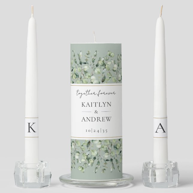 Sage Green Eucalyptus Together Forever Wedding Unity Candle Set (Front)