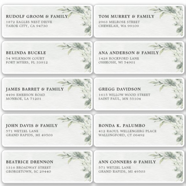 Sage Green Eucalyptus Wedding Guest Name Address  Sticker (Front)