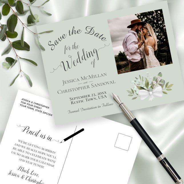 Sage Green Eucalyptus Wedding Save the Date Photo Announcement Postcard (Creator Uploaded)