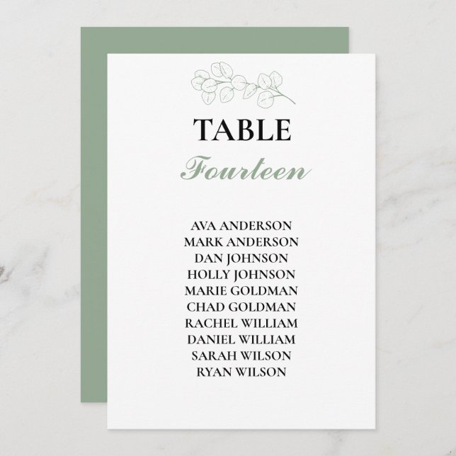 Sage Green Eucalyptus Wedding Table Number Seating (Front/Back)