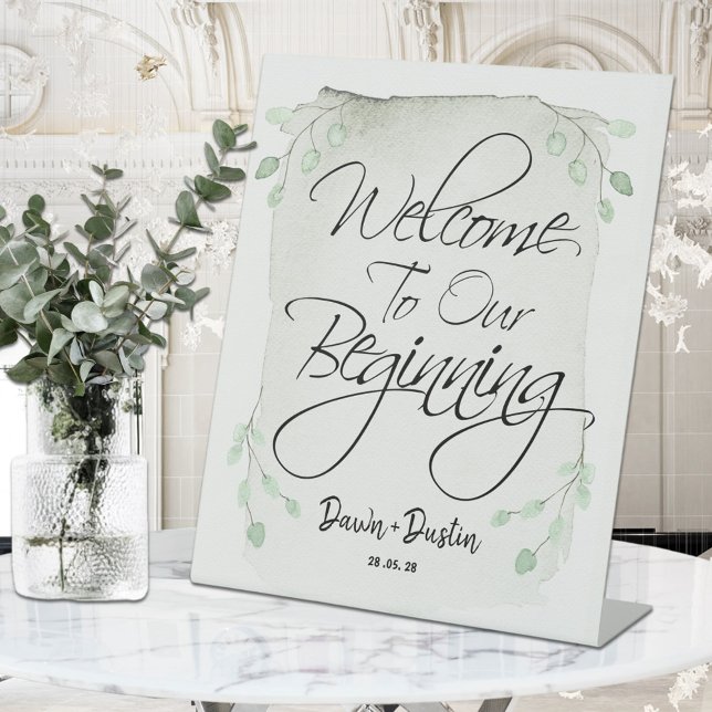 Sage Green Eucalyptus Welcome To Our Beginning Pedestal Sign (Creator Uploaded)