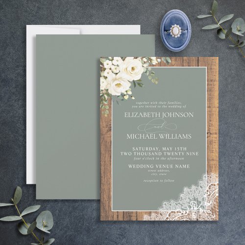Sage Green Eucalyptus Wood Lace Script Wedding Inv Invitation