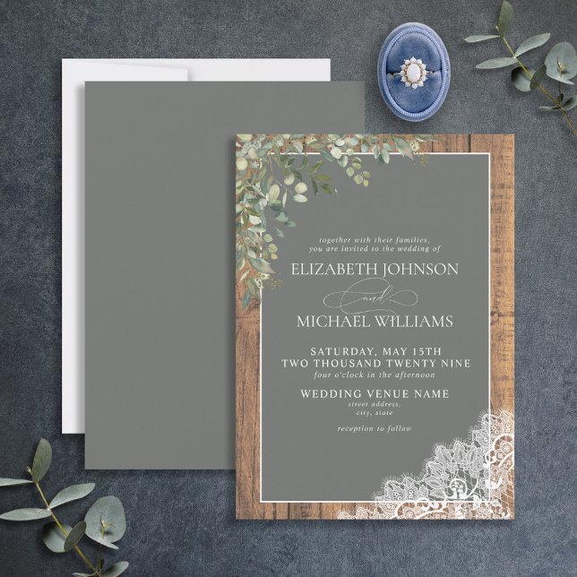 Sage Green Eucalyptus Wood Lace Script Wedding Inv Invitation (Creator Uploaded)