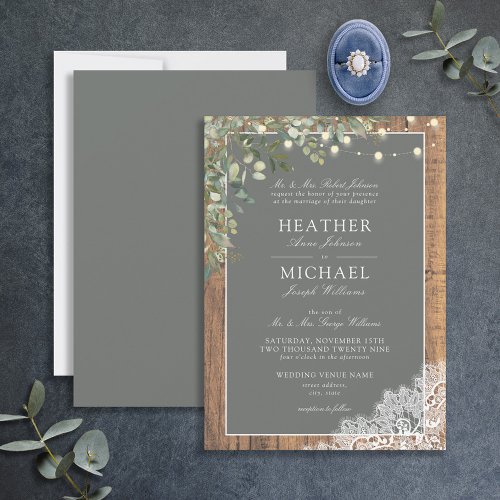 Sage Green Eucalyptus Wood Lace Script Wedding Inv Invitation