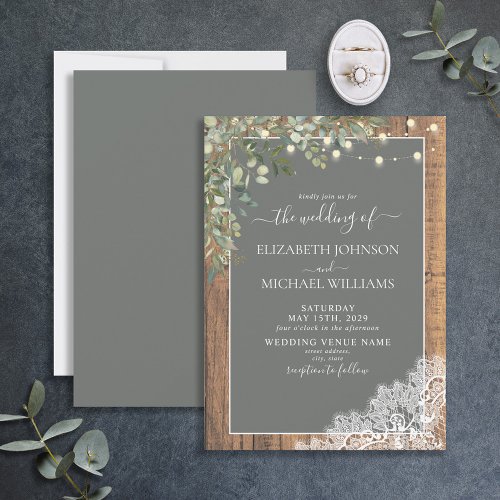 Sage Green Eucalyptus Wood Lace Script Wedding Invitation