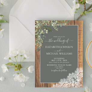 Sage Green Eucalyptus Wood Lace Script Wedding Invitation