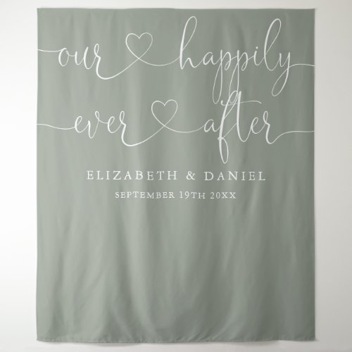 Sage Green Ever After Heart Script Wedding Tapestry