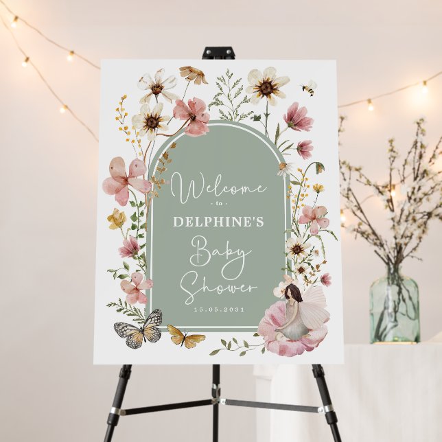 Sage Green Fairy Wildflower Baby Shower Welcome Foam Board (In Situ (Stand))