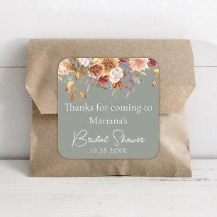 Sage Green Fall Floral Bridal Shower Favors Square Sticker