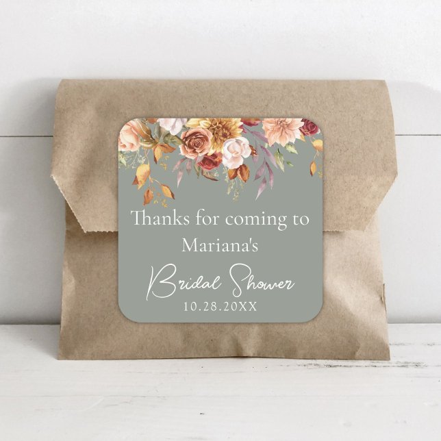 Sage Green Fall Floral Bridal Shower Favors Square Sticker (Creator Uploaded)