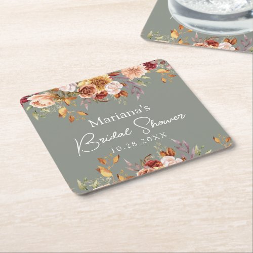 Sage Green Fall Floral Bridal Shower Square Paper Coaster