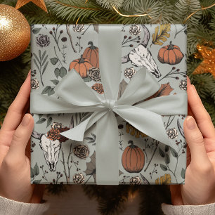 Sage Green Fall Harvest and Cow Skulls Halloween Wrapping Paper