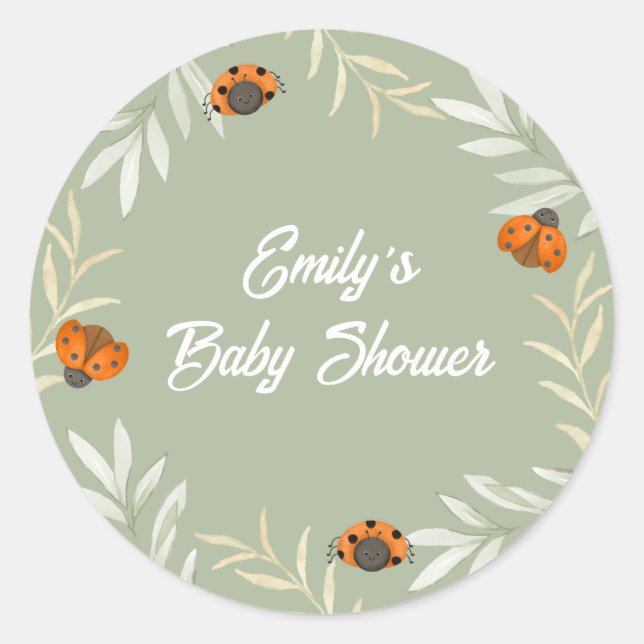 Sage Green Fall Ladybug Greenery Baby Shower  Classic Round Sticker (Front)