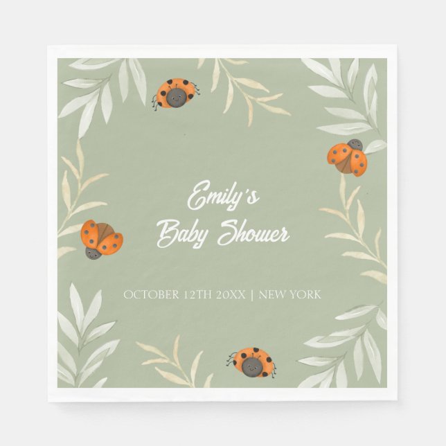 Sage Green Fall Ladybug Greenery Baby Shower  Napkins (Front)