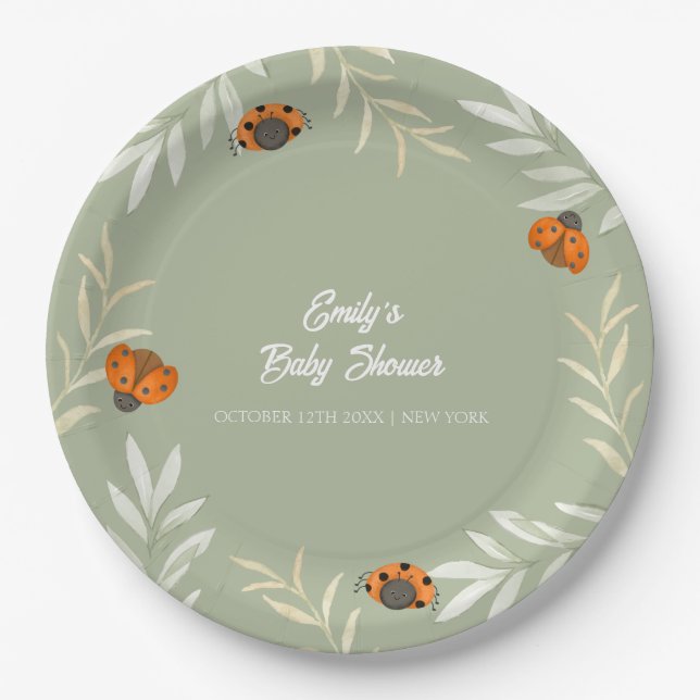 Sage Green Fall Ladybug Greenery Baby Shower  Paper Plates (Front)