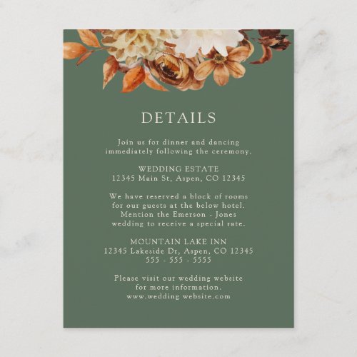 Sage Green Fall Terracotta Floral Wedding Details Enclosure Card
