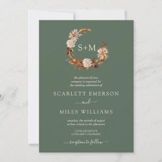 Sage Green and Terracotta Wedding Invitation with wreath