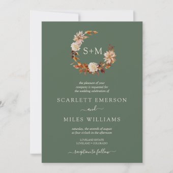 Sage Green Fall Terracotta Monogram Wreath Wedding Invitation | Zazzle