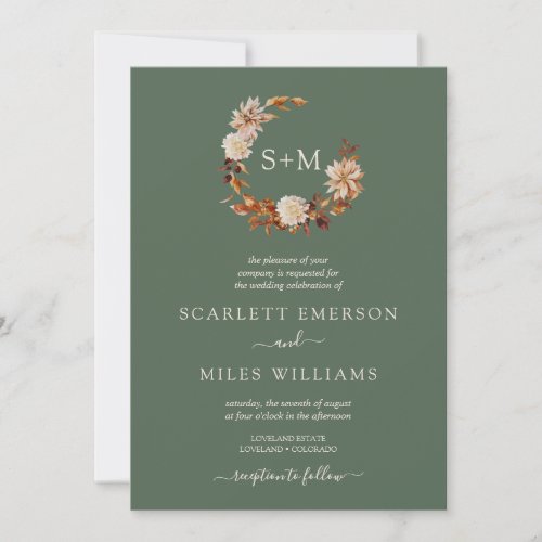 Sage Green Fall Terracotta Monogram Wreath Wedding Invitation