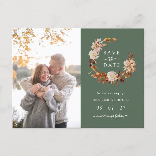 Sage Green Fall Wreath Wedding Photo Save The Date Announcement Postcard