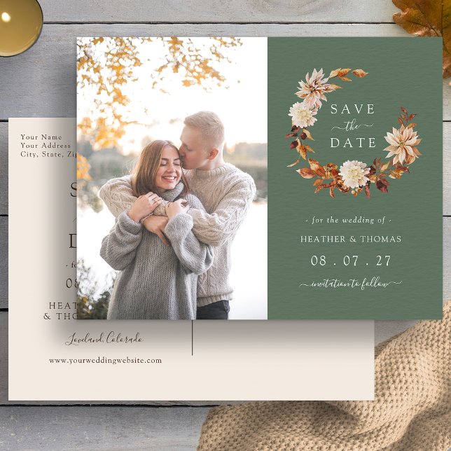Sage Green Fall Wreath Wedding Photo Save The Date Announcement Postcard (Sage Green Fall Wreath Wedding Photo Save The Date Announcement Postcard by Painted Paperie
)