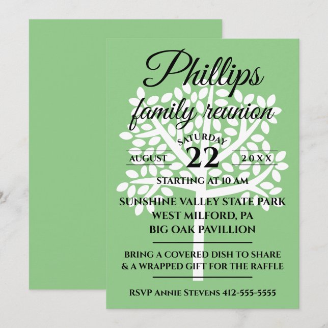 Sage Green Family Reunion White Tree Silhouette Invitation (Front/Back)