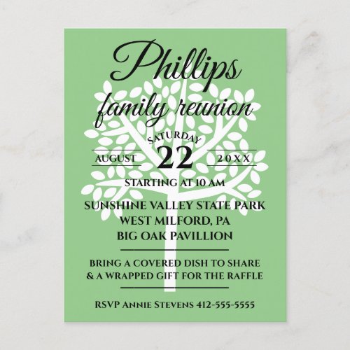 Sage Green Family Reunion White Tree Silhouette Invitation Postcard