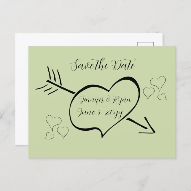 Sage Green Fancy Calligraphy Hearts Save the Date  Postcard (Front/Back)