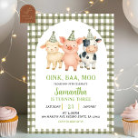 Sage Green Farm Party Gingham Birthday Invitation<br><div class="desc">Farm Party Gingham Birthday Invitation,  Oink,  Baa,  Moo Birthday Invite,  Editable Animals Theme Birthday Invite</div>