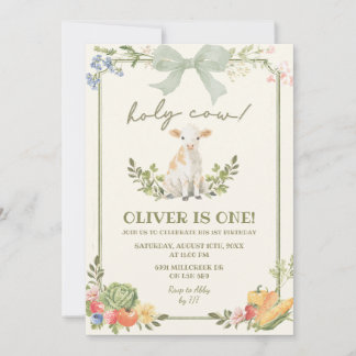 Sage Green Farmer's Market Holy Cow First Birthday Invitation