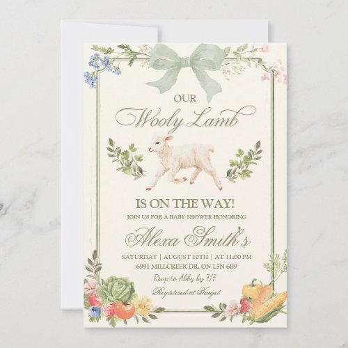 Sage Green Farmer's Market Wooly Lamb Baby Shower Invitation
