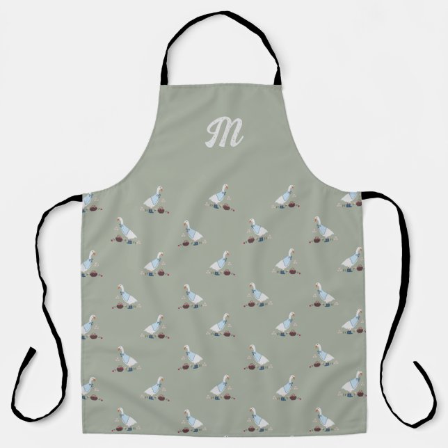 Sage Green Farmhouse Goose in Boots Monogram Apron (Front)