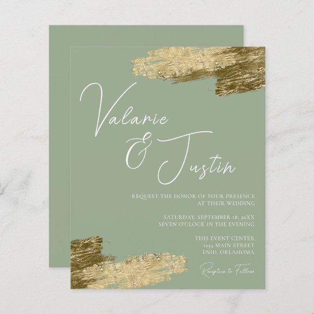 Sage Green Faux Gold Foil Wedding Invitation (Front/Back)