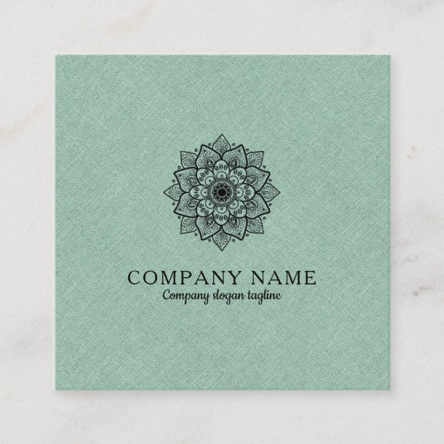 Sage-green Faux Linen & Black Mandala Square Business Card (Front)