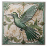 Sage green faux relief Art Nouveau Hummingbird  Ceramic Tile